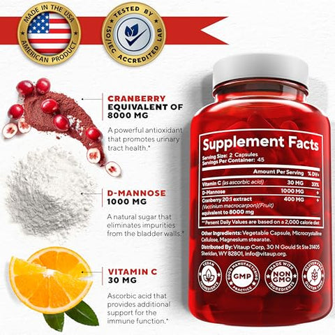 VitaUp - D-mannose 1000mg Cápsulas com Cranberry e Vitamina C – Fabricado nos EUA – Cápsulas de D-mannose com Cranberry para Mulheres – Suplemento de Cranberry para Trato Urinário