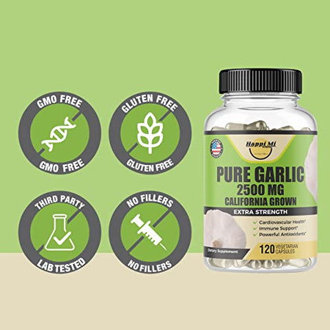 Happi Mi Nutrition - Cápsulas de Alho 2500mg – Feitas com Bulbos de Alho Orgânico, Cultivados na Califórnia EUA – Suporte Natural ao Sistema Imunológico, Suprimento para 40 Dias