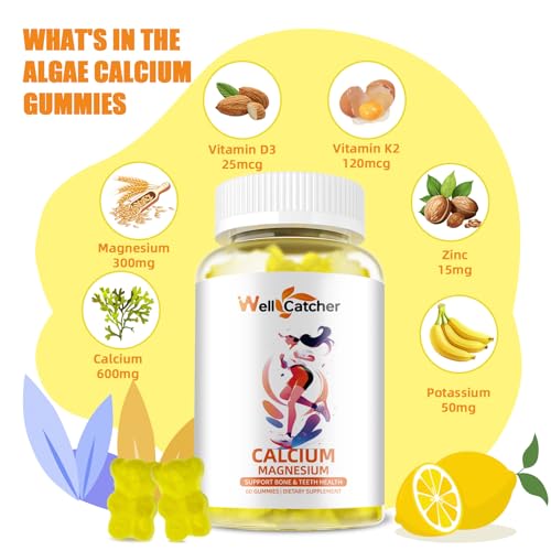 Wellcatcher - Gomas de Cálcio Magnésio com Vitamina D3 K2 Sem Açúcar 600mg Suplemento de Cálcio Magnésio de Algas para Fortalecimento Ósseo e Suporte Imunológico para Crianças Mulheres Homens Veganos Mastigáveis de Limão