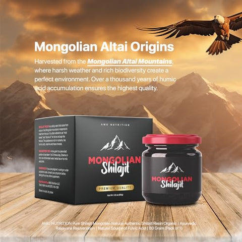 AMU NUTRITION - Shilajit Puro do Himalaia Orgânico – Colhido na Mongólia – Fonte Natural de Ácido Fúlvico e Minerais Traços – 80g
