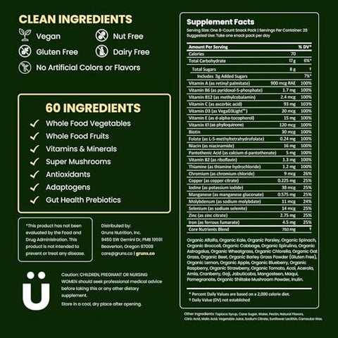 Grüns - Grun’s Daily Gummies – Gomas Super Verdes Orgânicas de Spirulina e Chlorella, Prebióticos para Digestão – 60 gomas