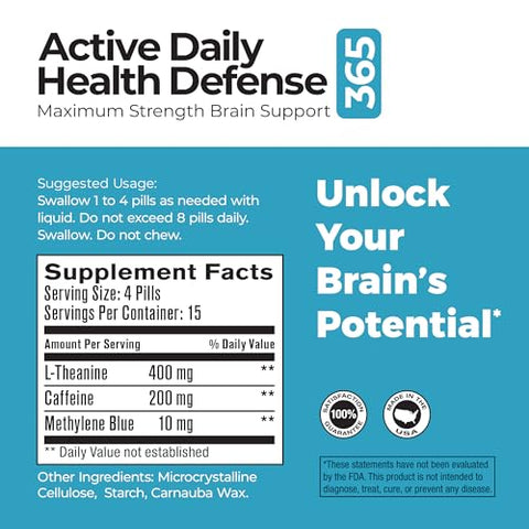 Be-Onguard - Melhor Suporte Cerebral 365 Labs – Azul de Metileno, Cafeína e L-Teanina – Melhore o Foco e a Memória – Desbloqueie o Potencial do seu Cérebro – 60 Comprimidos