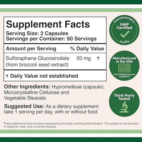 Double Wood Supplements - Suplemento de Sulforafano – 20mg de Sulforafano por Porção (120 Cápsulas) Extrato Potente de Brócolis para Envelhecimento Saudável (Derivado de Broto de Brócolis, Vegano) por Double Wood