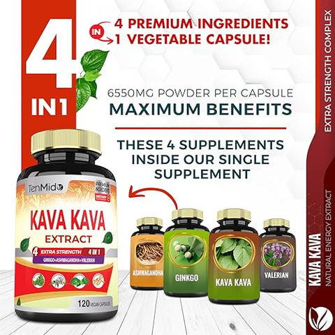 Tenmido - Kava Kava Extrato Cápsulas 6550mg, 4 Meses de Fornecimento com Ginkgo, Ashwagandha, Valeriana – Suporte para Relaxamento – 120 Cápsulas Veganas
