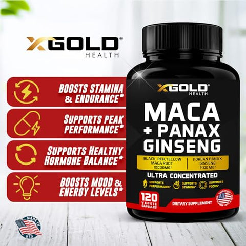 X Gold Health - Cápsulas de Raiz de Maca 10.000mg Ginseng Coreano Panax 1.400mg – Extrato Concentrado 20x Maca Preta Vermelha Amarela, Cápsulas de Extrato Concentrado 10x Ginseng Panax – Ultra