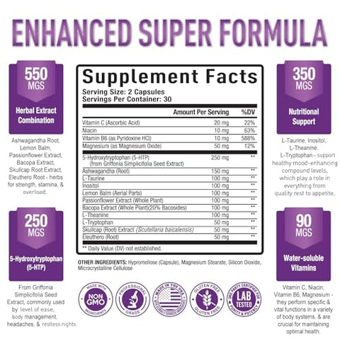 Purely Optimal - Suplemento Premium 5-HTP Plus 250mg – Máxima Potência: Auxílio ao Sono, Estímulo de Humor, Promove Calma