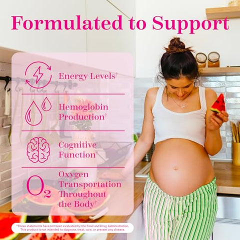 Suplemento de Ferro Pré-Natal para Mulheres – 18 mg de Ferro Não Causa Constipação – 30 Cápsulas - Pink Stork