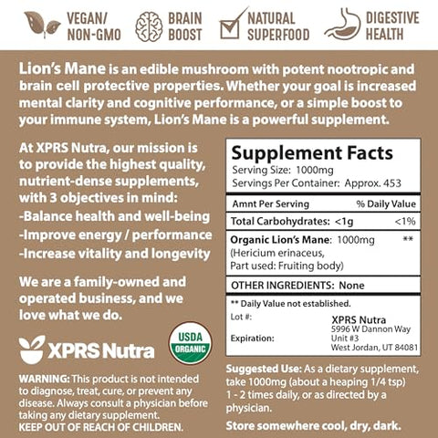Pó de Cogumelo do Leão Orgânico – Premium para Clareza Mental, Cognição e Imunidade – Vegano (454g) - XPRS Nutra
