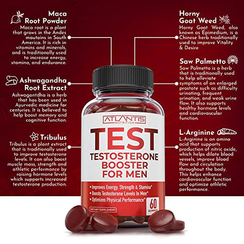 Atlantis Nutrition - Gummies de Aumento de Testosterona para Homens – Potencializador Masculino, Aumenta Energia