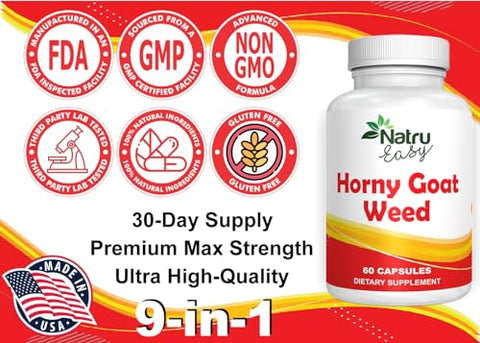 NATRU EASY - Horny Goat Weed 9 em 1 | Fórmula Avançada Não GMO | Extratos Finos de 9 Ervas Naturais | Testado por Terceiros | Fabricado nos EUA