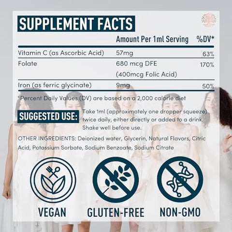 WINDSOR BOTANICALS - Suplemento Líquido de Ferro para Mulheres 2-Pack – Ácido Fólico, Vitamina C, Suplementos Líquidos Veganos de Ferro para Anemia, Menstruação, Suporte à Gravidez – Gotas Líquidas de Ferro Sabor Laranja – 2x60ml