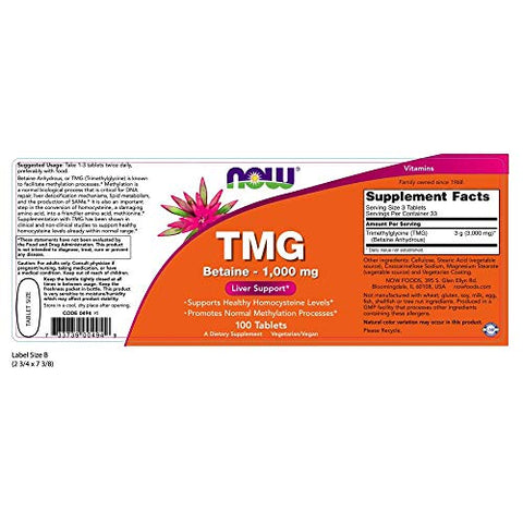 TMG Extra Forte 1.000 mg Tabs, 100 un. – Potencialize sua saúde com TMG de alta potência - NOW Foods
