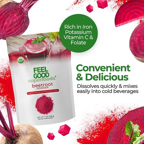FEEL GOOD - Feelgood Superfoods: Pó de Beterraba Orgânica Fortificado, Impulsionador de Óxido Nítrico para Receitas e Smoothies, Beterraba Pura com Extrato de Raiz de Beterraba 10:1, 200g