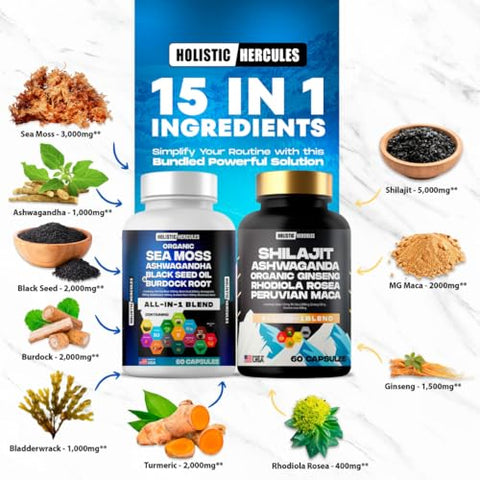 Holistic Hercules - Combo Clássico – Sea Moss 3000mg, Black Seed 2000mg, Ashwagandha 1000mg, Shilajit 5000mg, Panax Ginseng 1500mg, Maca Peruana 2000mg, Pack de Suplementos All in 1