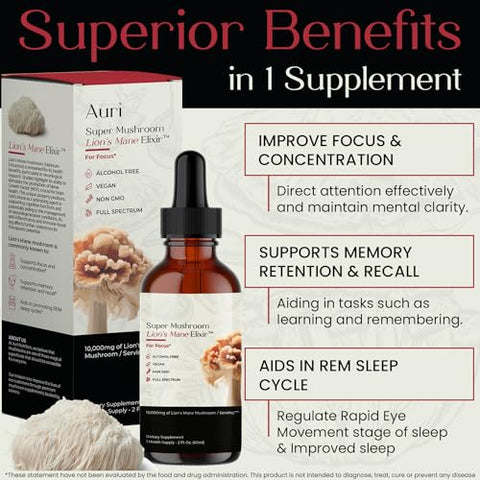 Lion’s Mane – Elixir Líquido para Memória e Foco com Cogumelos Funcionais – Extrato de Lion’s Mane em Espectro Completo – Sem GMO, Vegano – 100ml - Auri