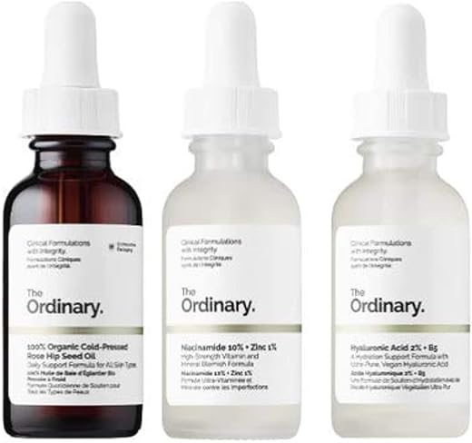 THE ORDINARY - Conjunto de 3 Frascos de Soro Facial The Ordinary! Soro de Ácido Hialurônico, Óleo de Rosa Mosqueta e Soro de Niacinamida! Ácido Hialurônico 2%% B5! Niacinamida 10%% Zinco 1%%! Orgânico Prensado a Frio