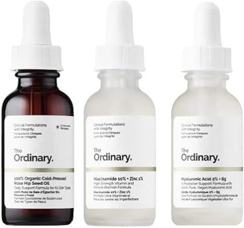 THE ORDINARY - Conjunto de 3 Frascos de Soro Facial The Ordinary! Soro de Ácido Hialurônico, Óleo de Rosa Mosqueta e Soro de Niacinamida! Ácido Hialurônico 2%% B5! Niacinamida 10%% Zinco 1%%! Orgânico Prensado a Frio