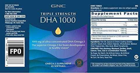 Triple Strength DHA 1000 – 45 Softgels para Saúde das Articulações, Pele, Olhos e Coração - GNC