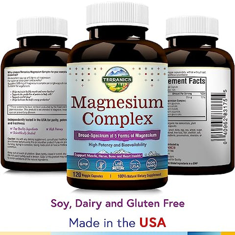 Complexo de Magnésio 500mg, 120 Cápsulas Vegetais, Glicinato, Citrato, Malato, Aspartato, Gluconato, Melhor Absorção, Sono, Saúde Muscular e Cardíaca, Vegano, Não-OGM - Terranics
