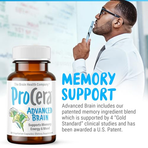Procera - Advanced Brain – Ação Rápida – Ingredientes Apoiados por 100 Estudos – Melhora Memória, Recordação – Concentração – Clareza Mental – Retarda Declínio Cognitivo – 60 Unidades