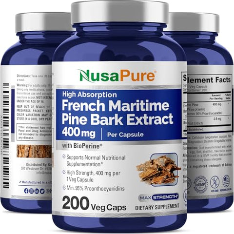 Extrato de Casca de Pinheiro Marítimo Francês NusaPure 400mg por Cápsula Vegetal Suprimento de 200 Dias Bioperine Não-OGM Vegano