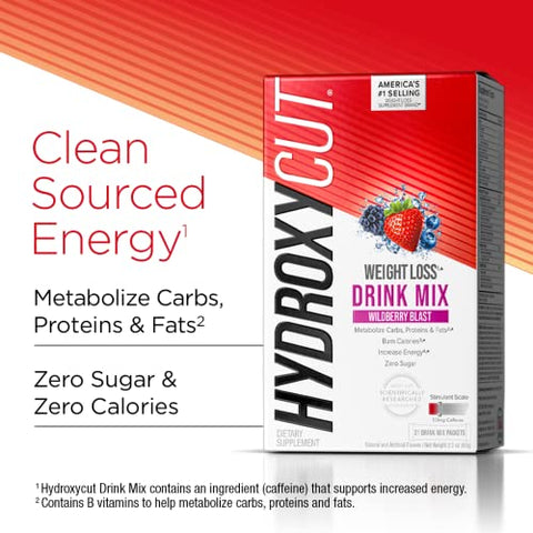 Drink Mix Wildberry Blast – 21 Pacotes de Viagem – Zero Calorias, Zero Açúcar – Acelera o Metabolismo, Queima Calorias, Aumenta a Energia – Para Mulheres - Hydroxycut