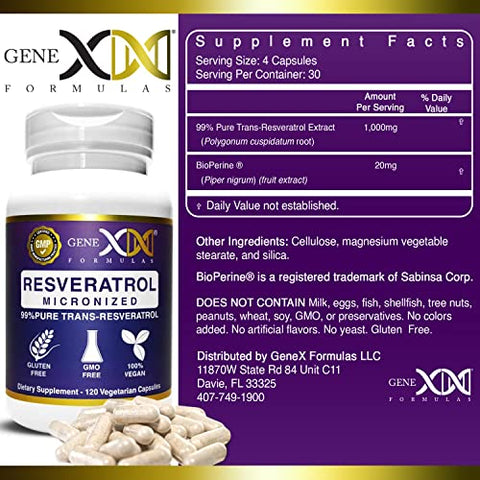 Genex Formulas - GENEX Trans Resveratrol 1000mg – Puro Extrato de Trans-Resveratrol Micronizado Grau Farmacêutico 99%% com Bioperine – GMP – 1g