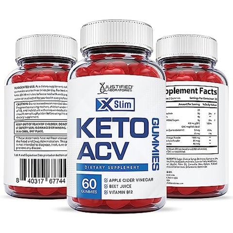 Justified Laboratories - Xslim Gummies 1000MG ACV Vegan Non GMO com Suco de Romã, Beterraba e B12 – 60 Gummys