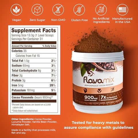 FlavaNaturals - FlavaMix Performance | Pó de Cacau com 900mg de Flavanóis de Cacau | Promove a Saúde Cardíaca