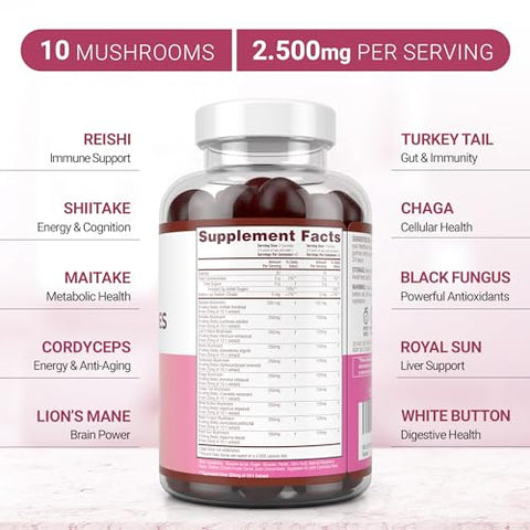 Purify Life - Complexo de Cogumelos em Gomas – 10x Suplemento de Cogumelos com Leão Mane (90 Gomas 2500mg/porção) Suplemento Cerebral Nootrópico, Suporte Imunológico