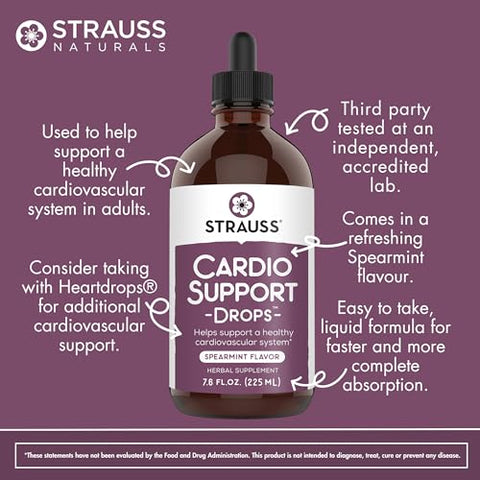 Strauss Heartdrops - Strauss Naturals Cardio Support Drops – Suplemento Herbal Natural para um Sistema Cardiovascular Saudável – Não-OGM, Vegano, Livre de Glúten e Soja – 225ml