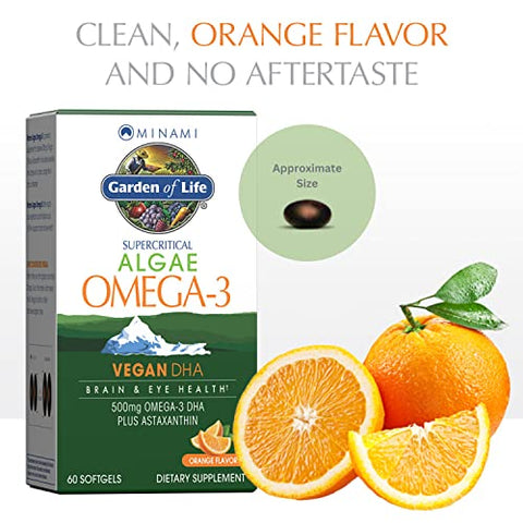 Minami Algae Omega 3 Vegan DHA – Ômega-3 Vegano à base de Algas, Sabor Laranja, 500mg Óleo de Algas Veganas com DHA, Rico em Astaxantina, Sem Sabor Residual, 60 cápsulas - Garden of Life