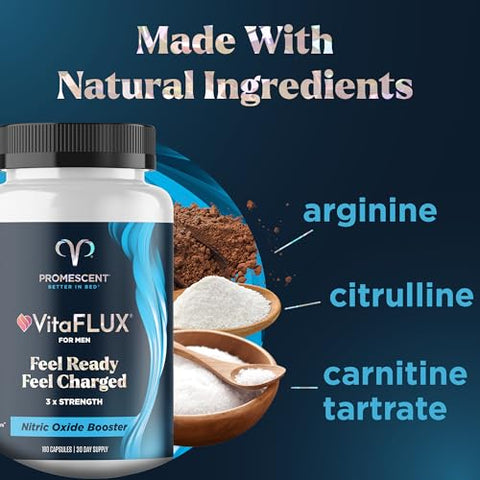 VitaFLUX – Suplemento de Óxido Nítrico, L-Arginina e Citrulina de Qualidade para Homens, Suporta Fluxo Sanguíneo Saudável, Impulsionador de Óxido Nítrico, 180 cápsulas - Promescent