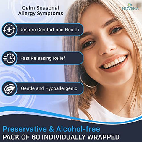 60 Unidades Lenços para Alívio de Alergia nas Pálpebras | Pads de Limpeza Ocular Hipoalergênicos Pré-umedecidos, Reduz Coceira e Vermelhidão - NOVEHA