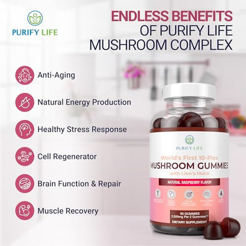 Purify Life - Complexo de Cogumelos em Gomas – 10x Suplemento de Cogumelos com Leão Mane (90 Gomas 2500mg/porção) Suplemento Cerebral Nootrópico, Suporte Imunológico