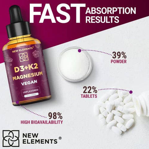 New Elements - VIT D3 K2 Líquido 10000UI com Magnésio Glicinato 5mg | Gotas de VIT D3 K2 para Adultos | Mk7 Vitamina K2 100mcg | Suplemento de Vitamina D3 K2 para Homens