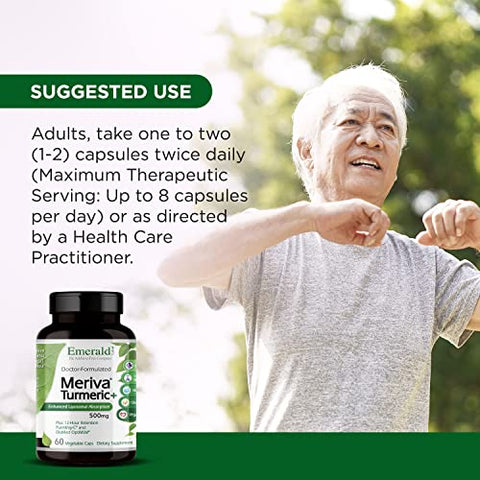 Meriva Turmeric Plus – Turmeric, OptiMSM e PureWay C – Propriedades Antioxidantes – Sem Glúten, Vegano, Não-OGM – 60 Cápsulas Vegetais - EMERALD LABS