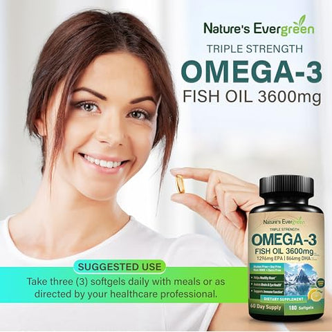 Nature's Evergreen - Óleo de Peixe Ômega 3 Triplo Forte 3600 mg | 2160mg de Ácidos Graxos Ômega-3 | 1296mg EPA 864mg DHA | Melhores Ácidos Graxos Essenciais | Cápsulas Líquidas de Alta Pureza