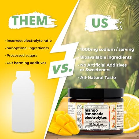 Real Salt Electrolytes Powder – Bebida de Hidratação em Pó de Limonada de Manga, Feita com Sal Rosa do Himalaia e Sal Marinho, Livre de Glúten, Keto, Sem Açúcar, Paleo, 30 Porções, 1g - Santa Cruz Paleo