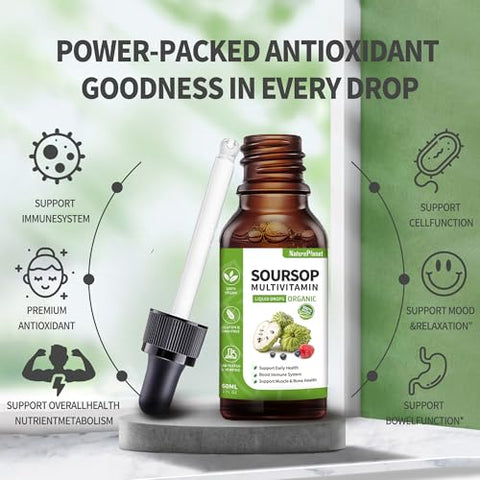 NaturePlanet - Soursop Multivitamin Liquid Drops – Extrato de Folha de Graviola Orgânico, Óleo de Graviola, Vitaminas, Fibras Alimentares, 60ml, 2 Fl Oz