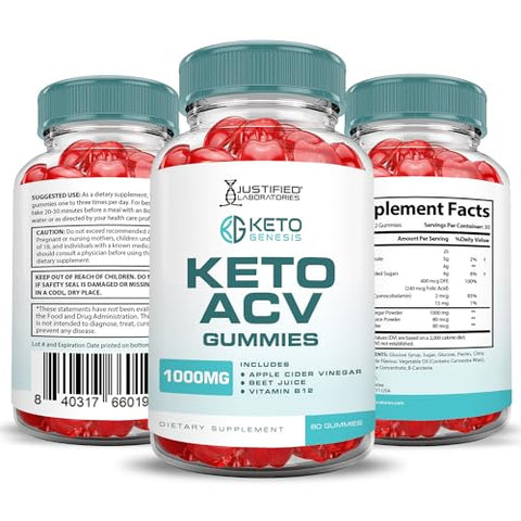 Justified Laboratories - (5 Pacotes) Gomas Keto Genesis Keto ACV Fórmula Avançada 1000MG Gomas Keto Genesis Keto Vinagre de Maçã Formulado com Suco de Romã em Pó B12 Vegano Não GMO 300g