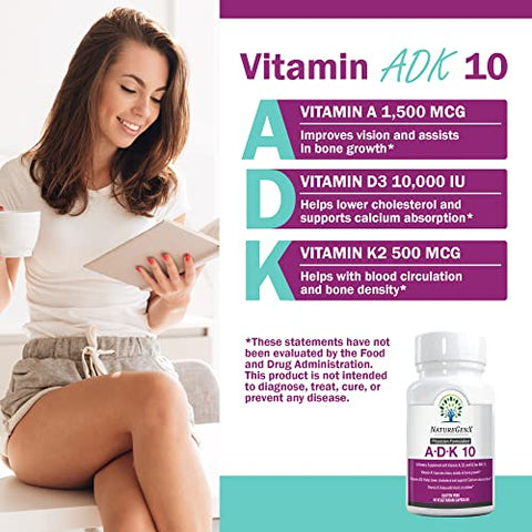 NatureGenX - Suplemento ADK 10 – Vitaminas A, D3 e K2 – Potente Vitamina D3 de 10000 UI com Vitaminas A e K2 para Saúde Óssea, Cardíaca e Imunológica – 90 Cápsulas Fáceis de Engolir (Fornecimento de 3 Meses)