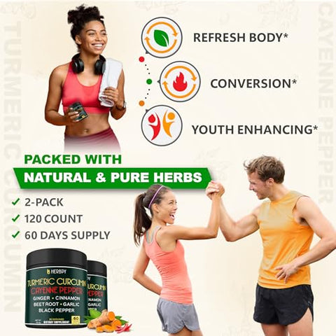 Herbpy - 2 Embalagens de Cúrcuma Curcumina com Pimenta Caiena 7 em 1 – Saúde das Articulações, Digestão, Sistema Imunológico, Cérebro
