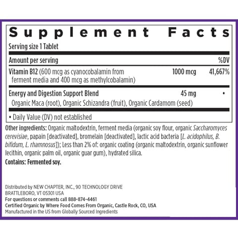 B12 Fermentado 1.000 mcg, Orgânico USDA, Diário para Energia Celular e Células Sanguíneas Saudáveis, Vegano Certificado, Sem Glúten – 60 Comprimidos - New Chapter