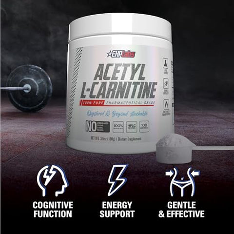 Acetyl L Carnitine em Pó – Energia Natural, Função Cerebral Saudável, Saúde do Coração – Vegano, Sem Glúten, Não Transgênico – 100 Porções - EHP Labs
