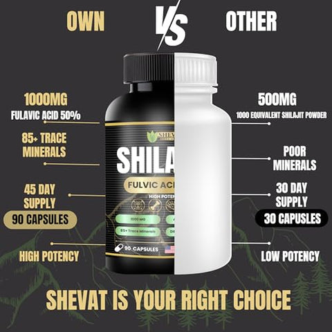 SHEVAT VITAMINS - Shilajit Capsules 22000mg com 50%% de Ácido Fulvico de Shilajit e 85 Minerais Traços para Energia