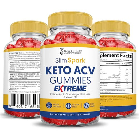 Justified Laboratories - Slim Spark Keto ACV Gummies Extreme 2000MG – Gomas Slimspark Keto de Vinagre de Maçã Formuladas com Suco de Romã e Beterraba em Pó B12 Vegan Non GMO 60 Gomas