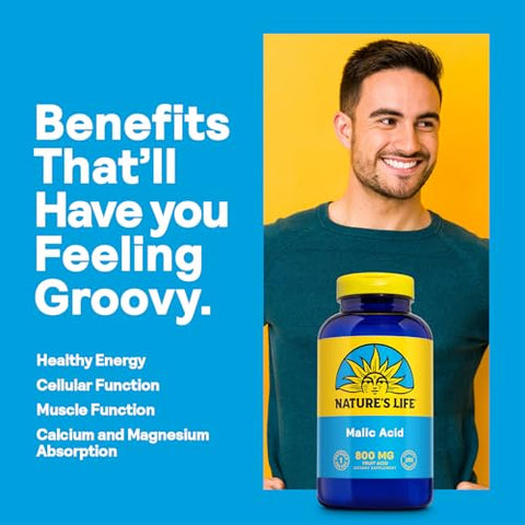 Nature's Life - Nature’s Life Ácido Málico 800 mg – Suporte para Função Muscular Saudável e Energia Celular – Ácido Frutal na Dieta – Garantia de Reembolso de 60 Dias, Verificado em Laboratório – 250 Porções