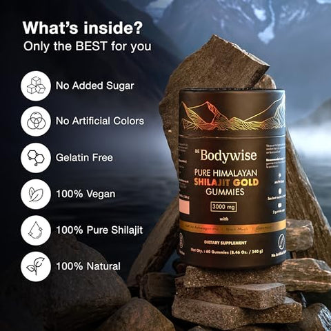 Gomas de Shilajit Puro do Himalaia | Embalagem Individual | Sem Açúcar Adicionado | KSM 66 Ashwagandha, Gokshura | Ácido Fúlvico, 85 Minerais Traços | Homens, Mulheres | Natural - Be Bodywise