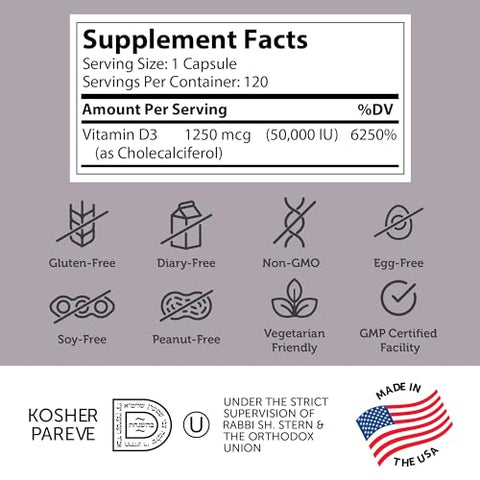 Vitamina D3 Avançada 50000 UI Softgels (120 Unidades) Kosher Vegetariano – Suporte Imunológico, Ossos, Dentes - Zahler